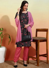 Women's Crepe Printed Straight Kurta Pant With Dupatta-ME109-BLKpnk-CRP-KPD